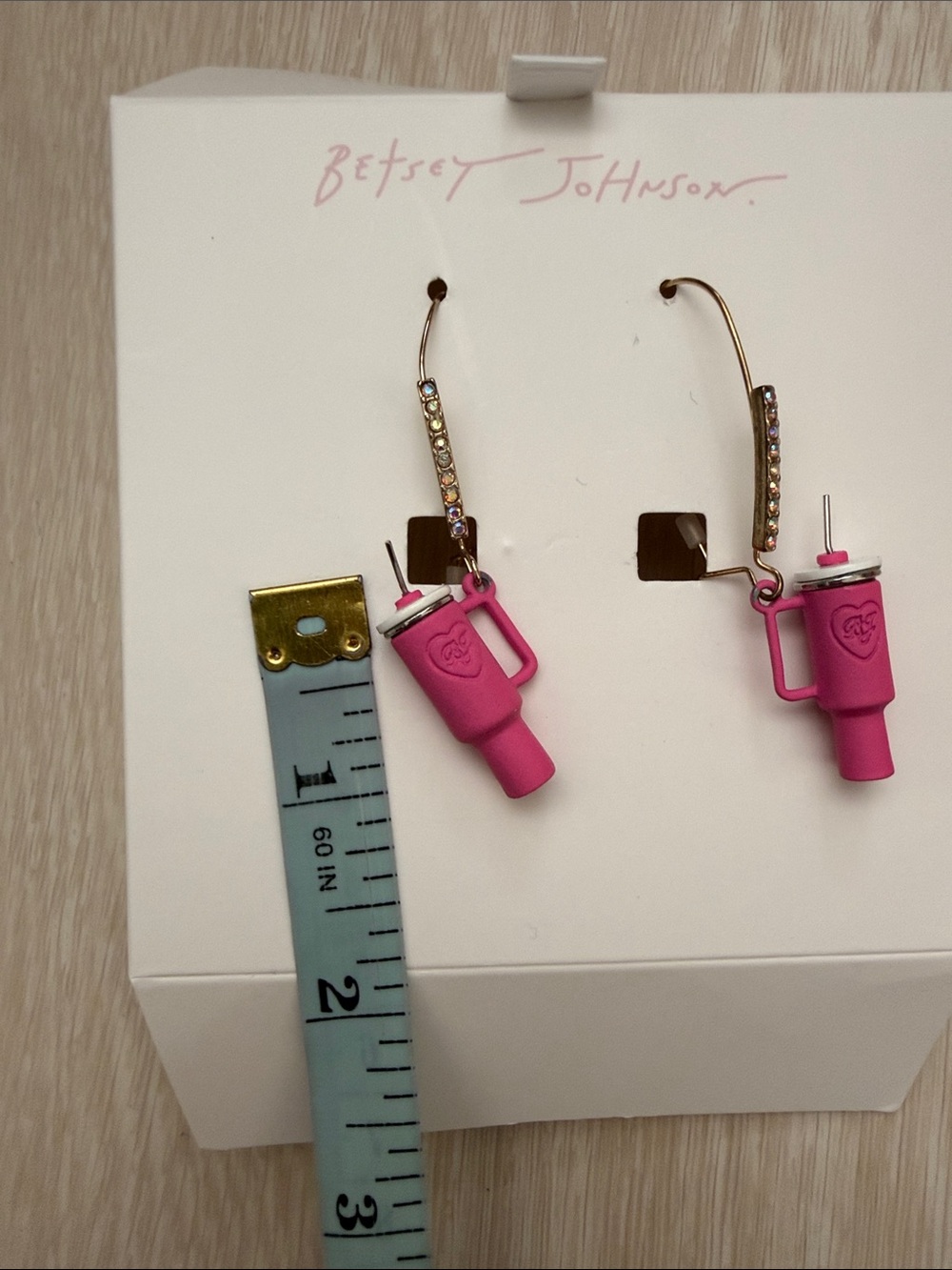 Betsey Johnson Pink & Gold Novelty Travel Mug Drop Earrings - Picture 6 of 10